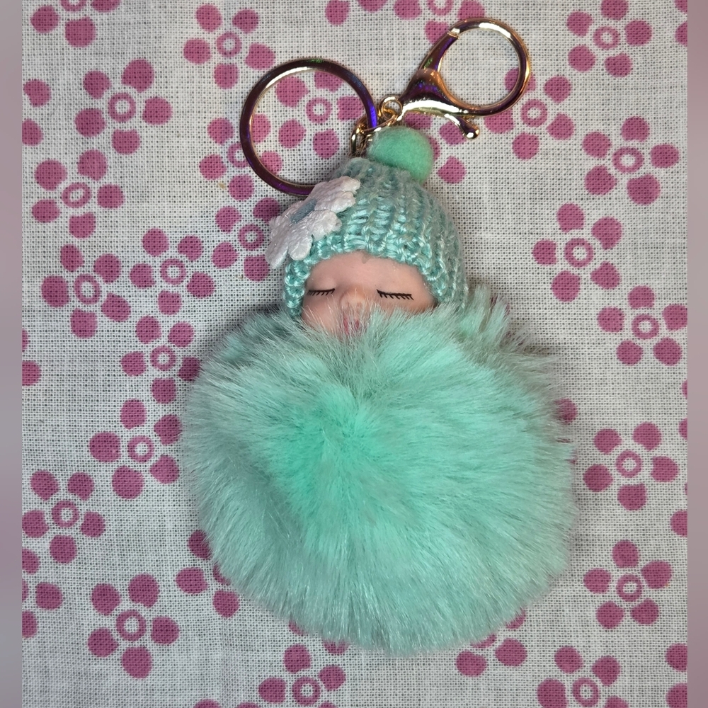 Mint Green Fluffy Baby Doll Keychain